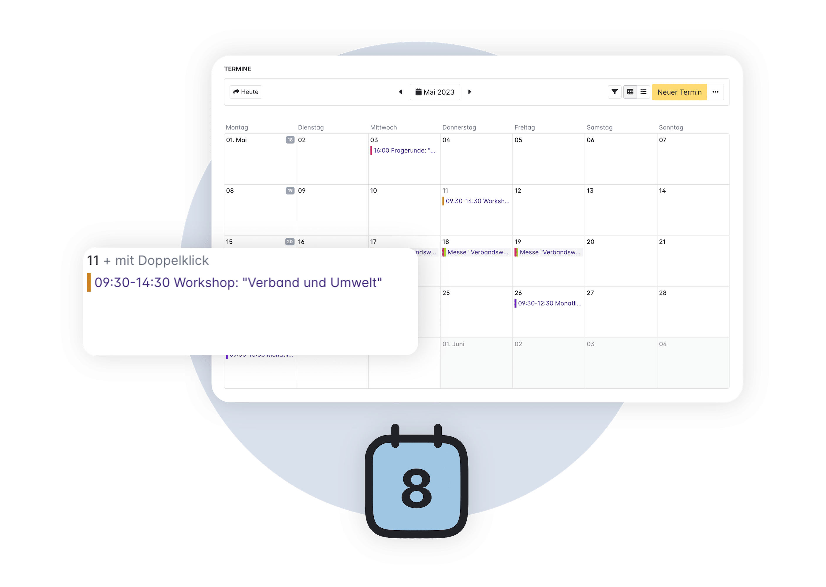 Icon eines Kalender-Tages mit dem achten Tag des Monats in Schwarz und Blau